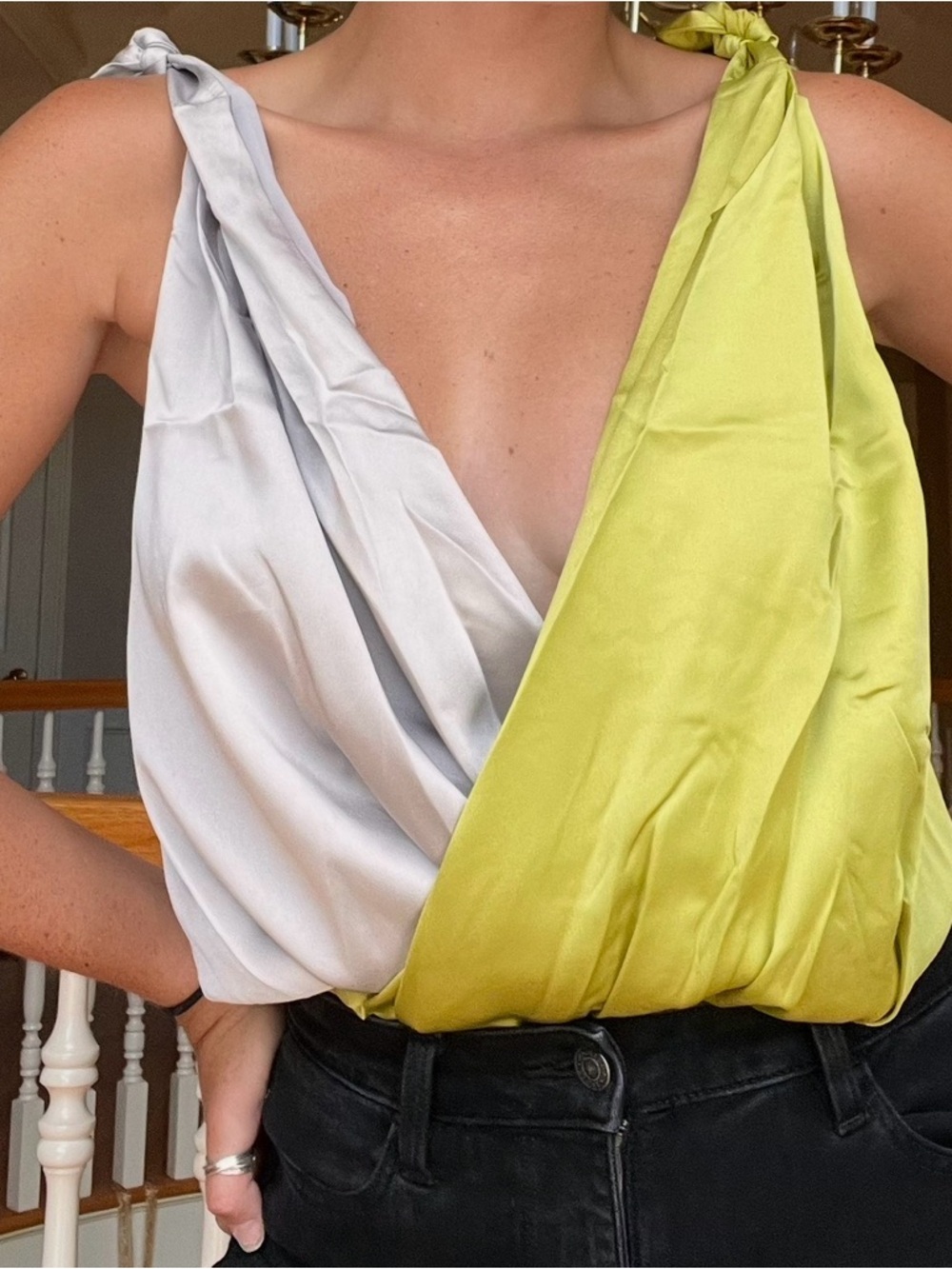 Women's Two-Tone Draped Satin Tank Top in Light Gray and Lime
